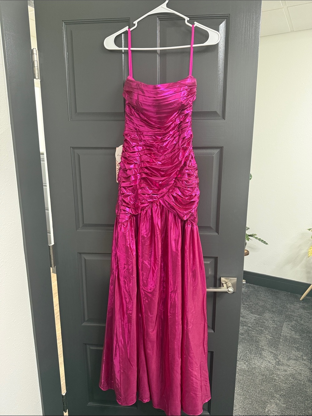 Strapless Ruched Satin Prom Dress in Fuchsia Pink